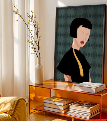Elegant woman with short hair and golden earring on patterned background