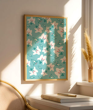 Motif floral avec des lys blancs sur un fond turquoise