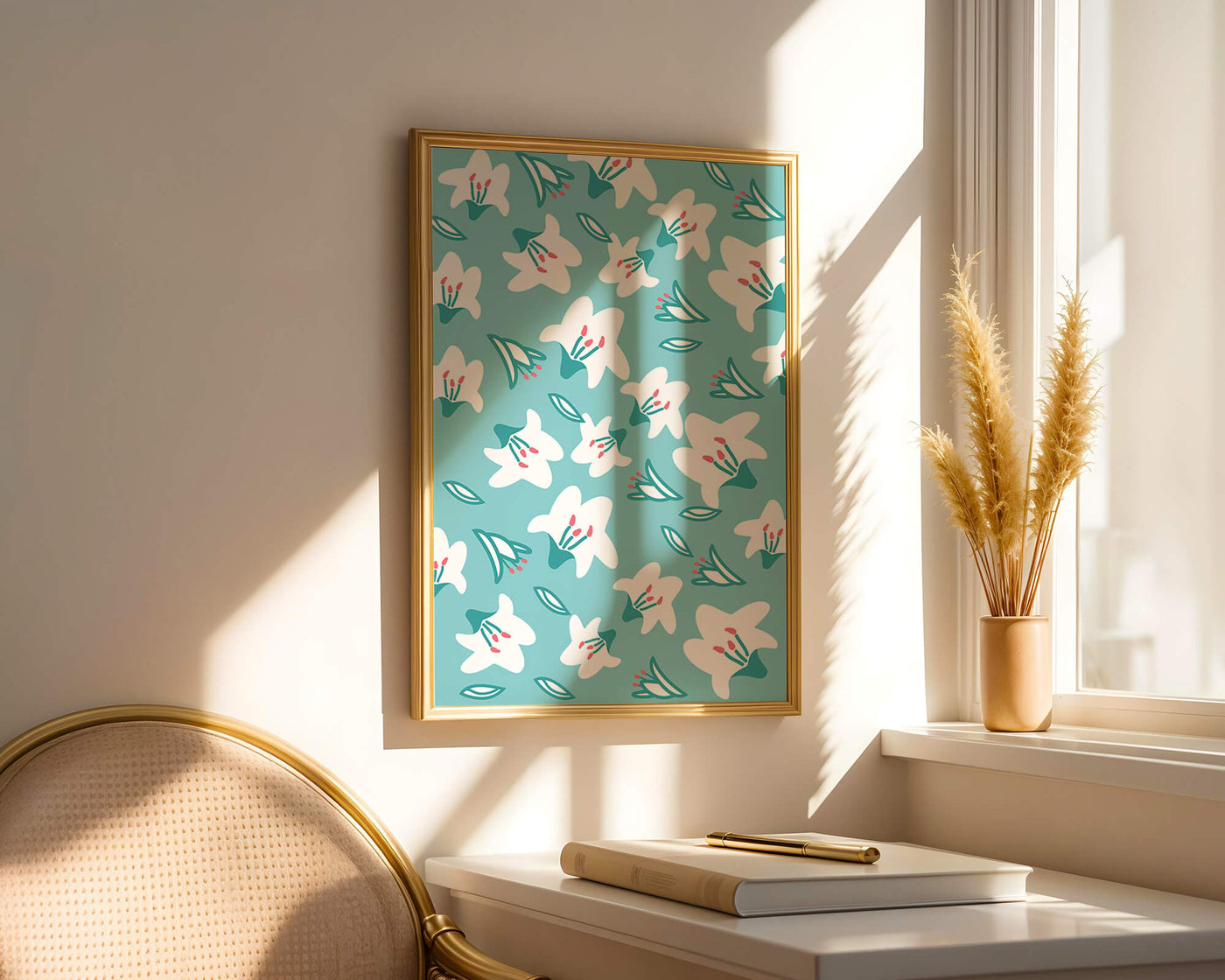 Floral pattern with white lilies on a turquoise background
