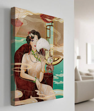 Œuvre d'art élégante d'inspiration asiatique vintage représentant une femme avec un éventail