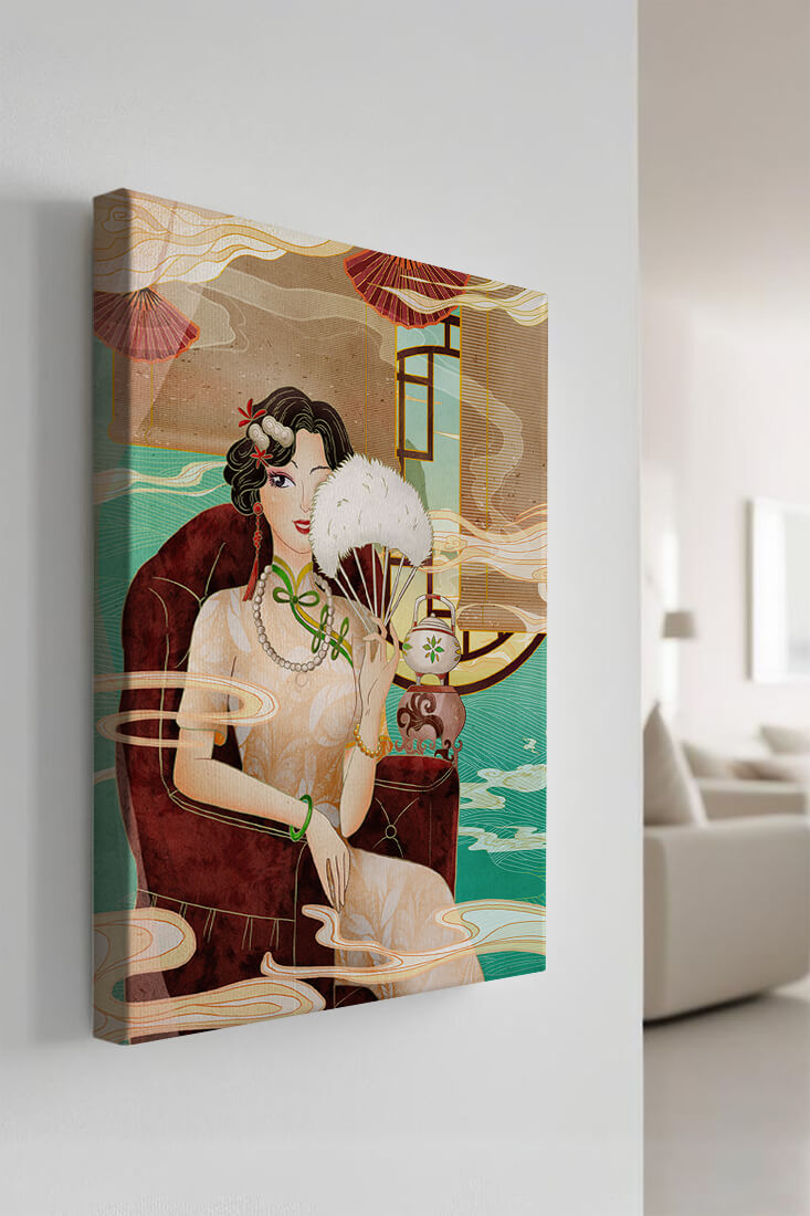 Elegant vintage Asian-inspired artwork featuring a woman with a fan