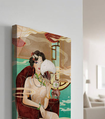 Elegant vintage Asian-inspired artwork featuring a woman with a fan