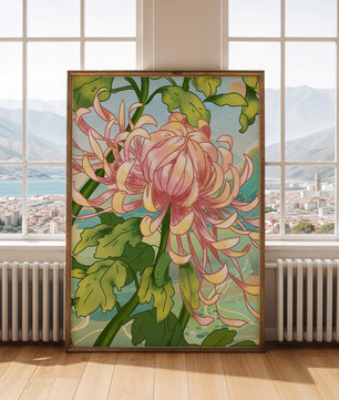 Belle illustration florale avec chrysanthème et feuilles vertes