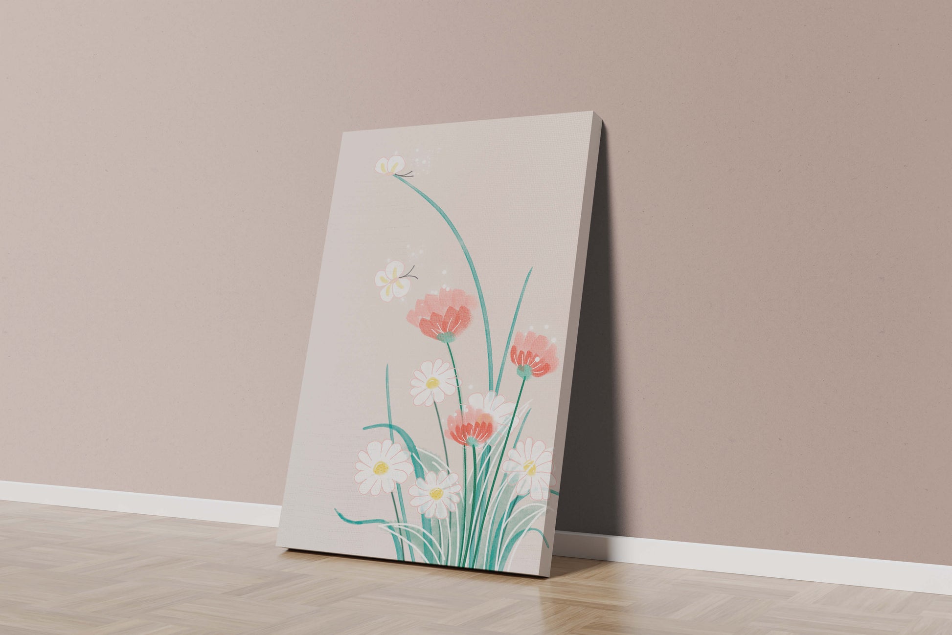 Delicate floral illustration with butterflies and wildflowers