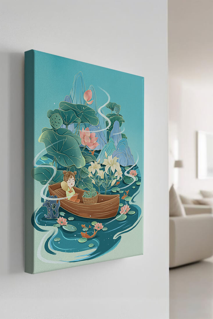 Serene landscape with lotus and boat in a tranquil water scene