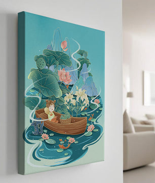 Heitere Landschaft mit Lotus und Boot in einer ruhigen Wasserszene
