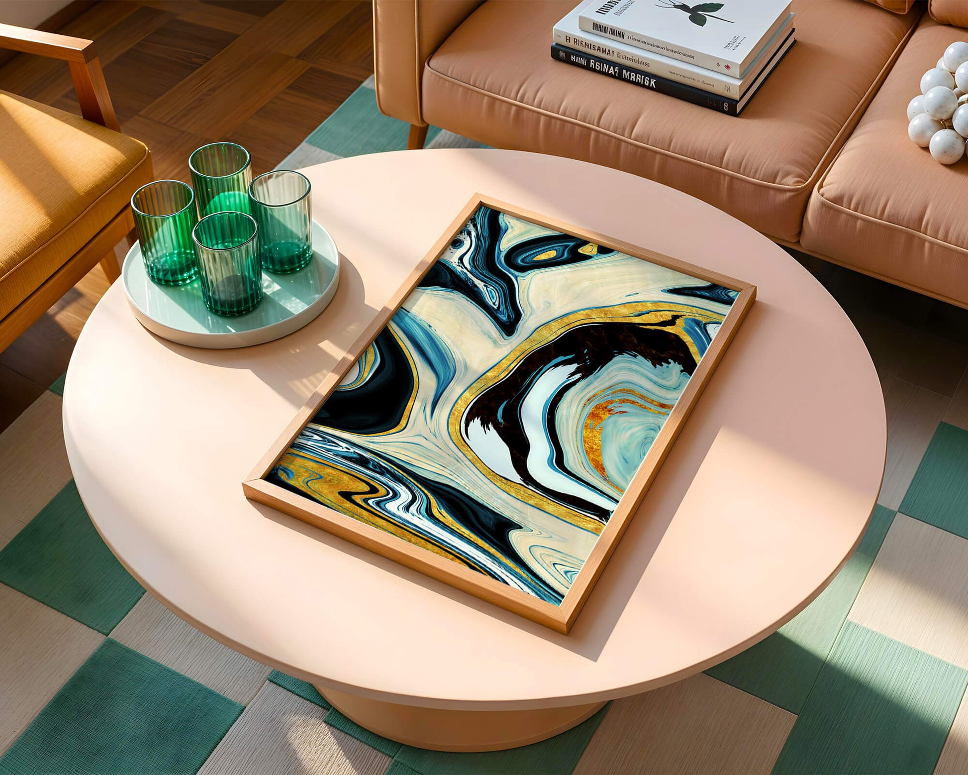 Abstract Marble Art with Gold Accents in Blue and Black Swirls