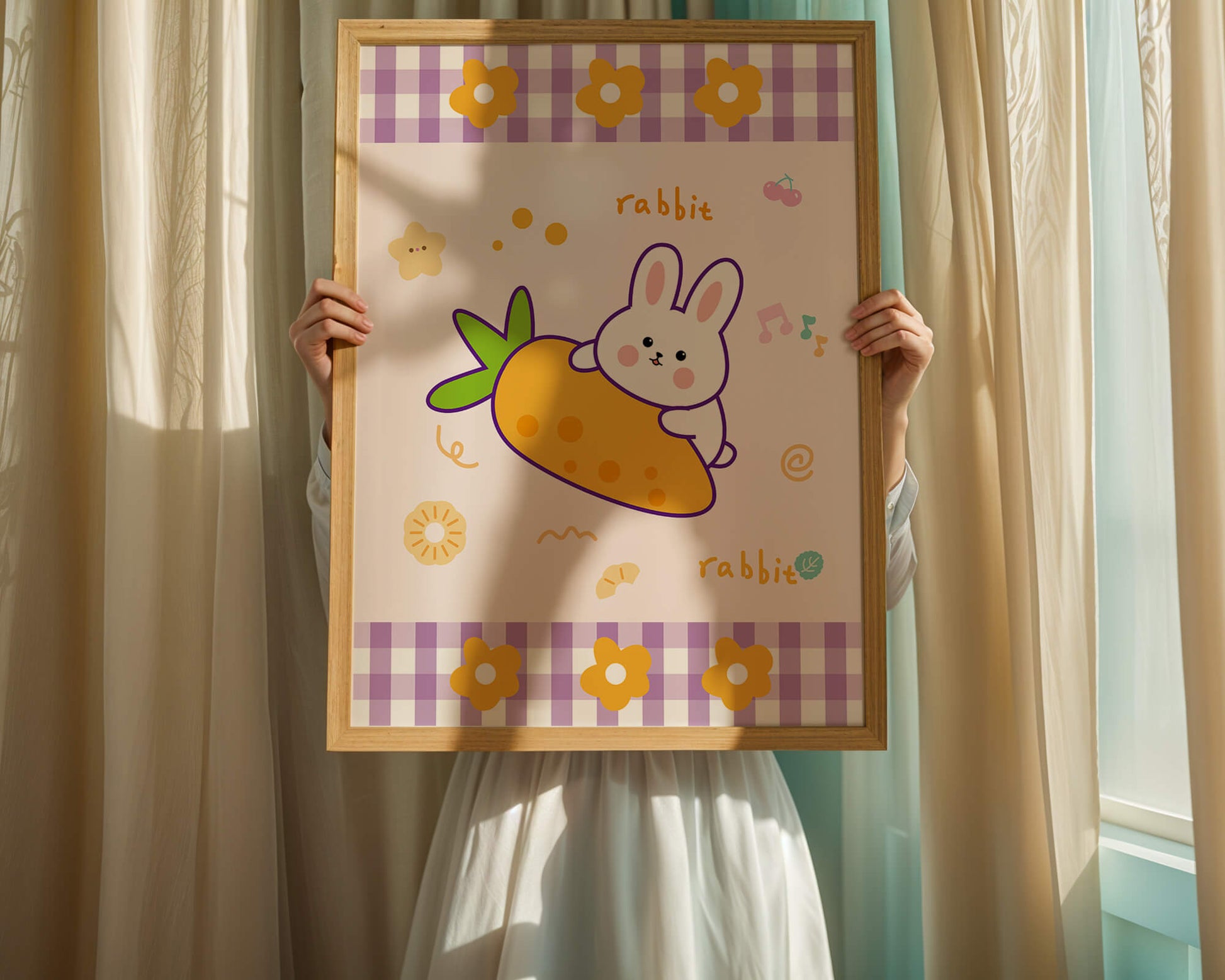 Illustrated cute rabbit with carrot on a colorful background