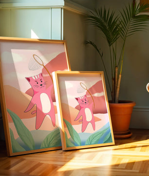Pink Cat Holding Net in Whimsical Landscape