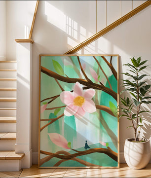 Obra floral serena con una gran flor rosa en las ramas de un árbol