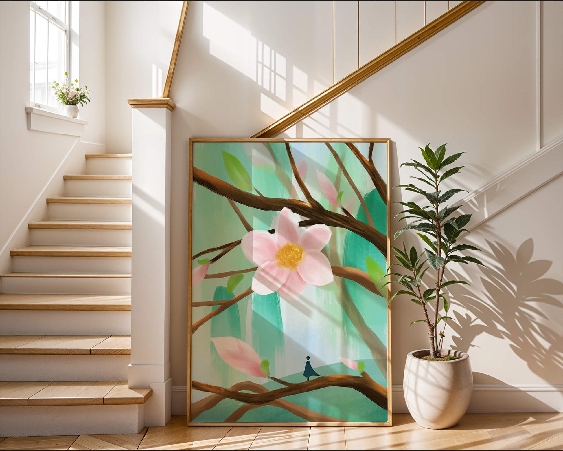 Serene floral artwork with large pink flower on tree branches