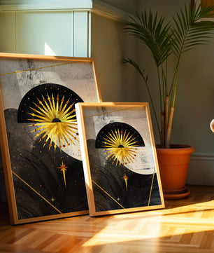 Abstract cosmic design featuring golden sunburst and celestial elements