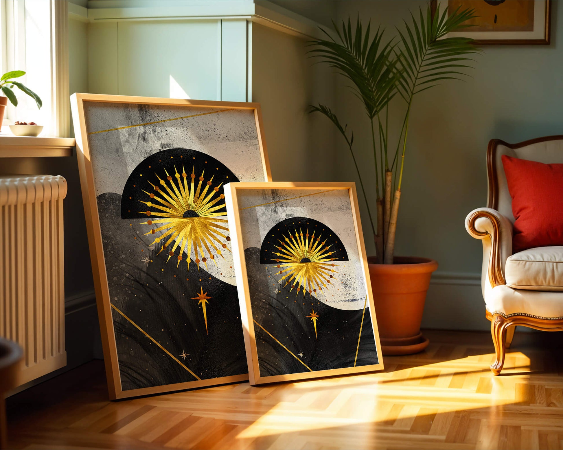 Abstract cosmic design featuring golden sunburst and celestial elements
