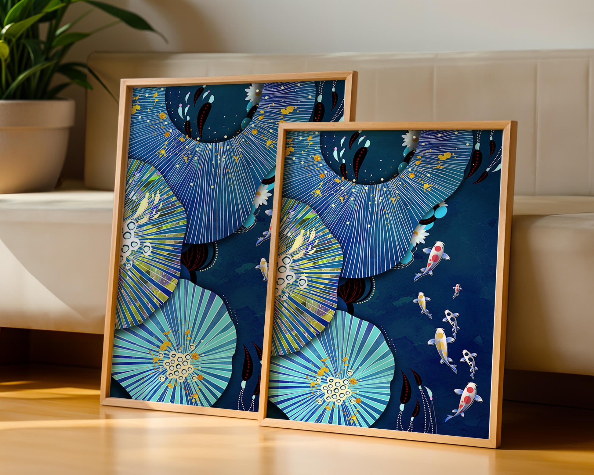 Vibrant underwater scene with koi fish and abstract floral design