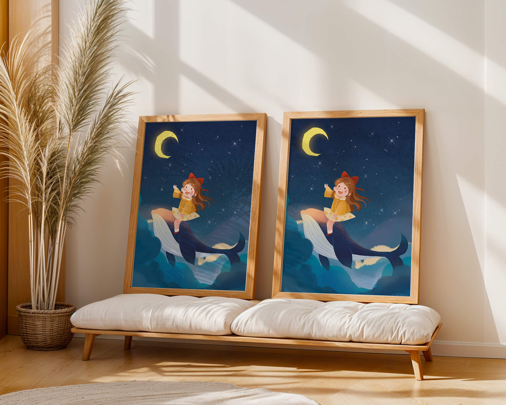 Girl on a whale under starry night sky
