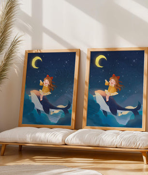 Girl on a whale under starry night sky
