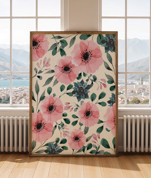 Patrón acuarela floral con flores rosas y hojas verdes