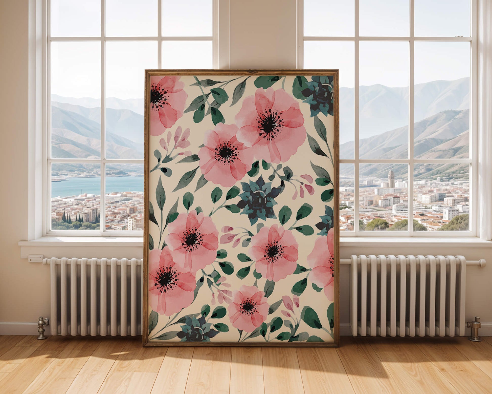 Floral Watercolor Pattern with Pink Flowers and Green Leaves