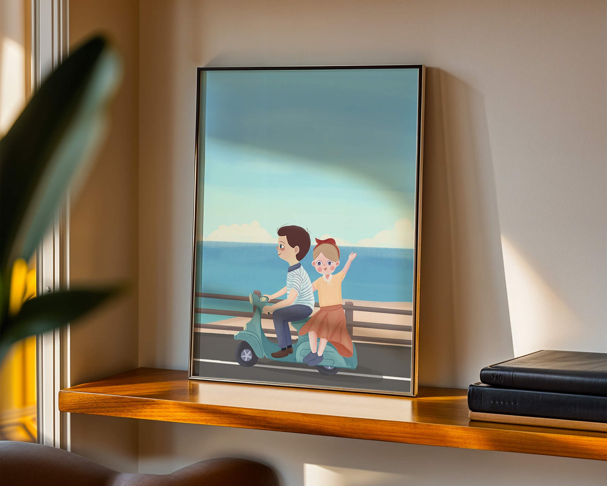 Young couple enjoying a scenic scooter ride by the seaside