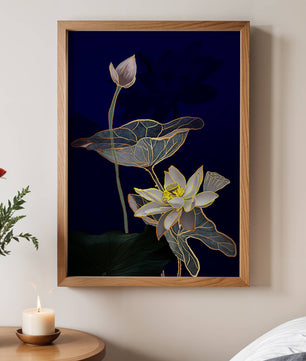 Elegant Lotus Flower with Gold Accents on Deep Blue Background