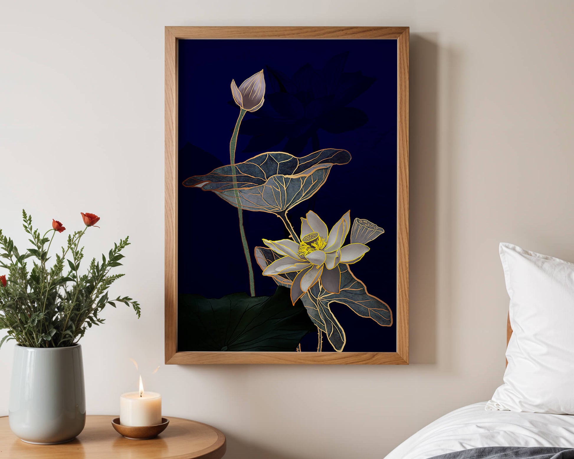 Elegant Lotus Flower with Gold Accents on Deep Blue Background