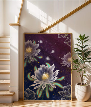 Lotus Flowers and Butterflies in a Starry Night Sky with Gold Accents - Mi tienda