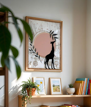 Von der Natur inspiriertes Kunstwerk mit Giraffensilhouette und botanischen Elementen