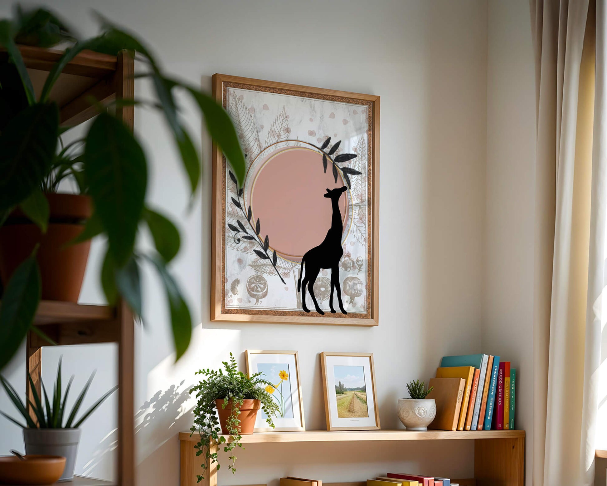 Nature-inspired artwork with giraffe silhouette and botanical elements