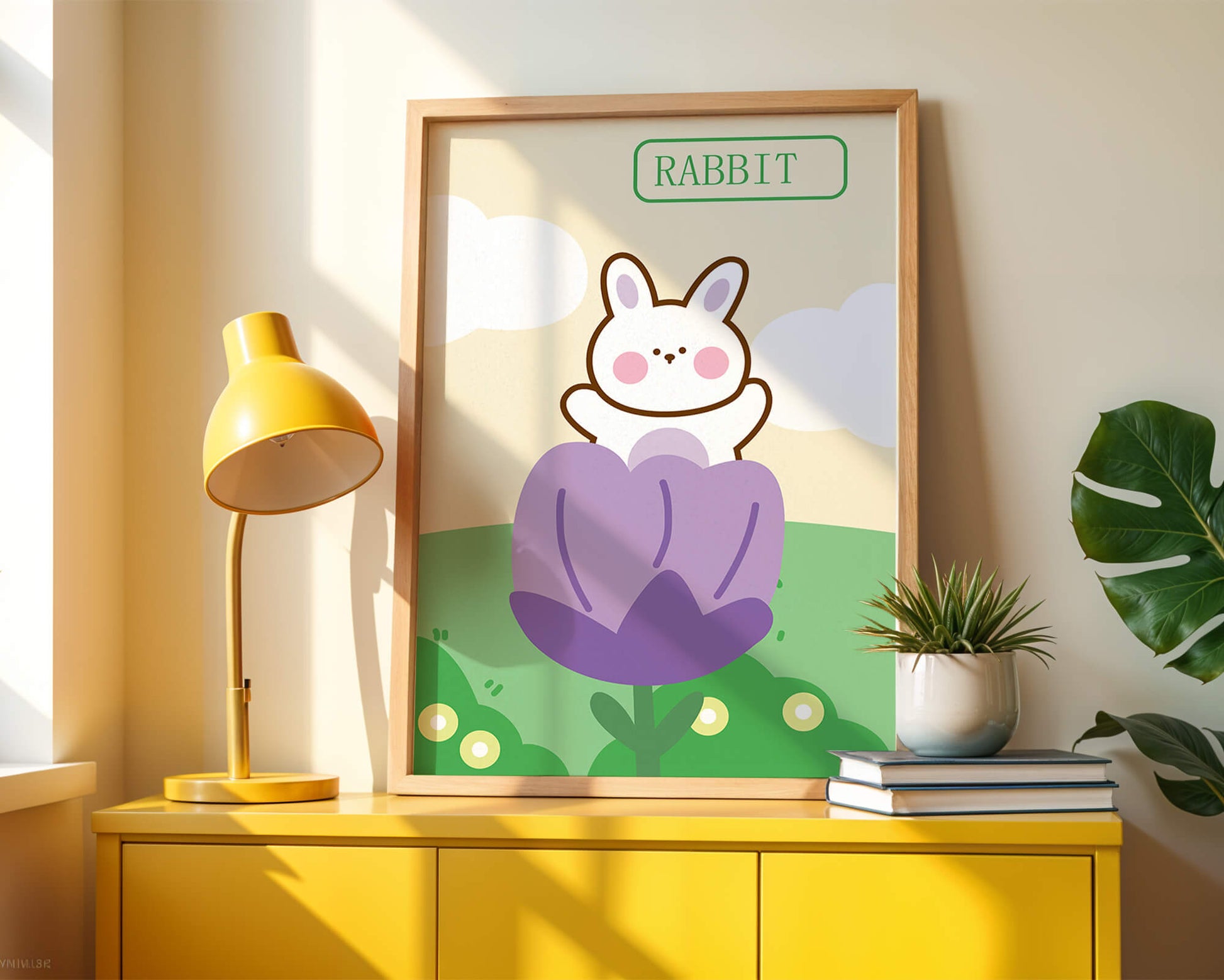 Ilustración caprichosa de un conejo adorable en una flor con colores pastel