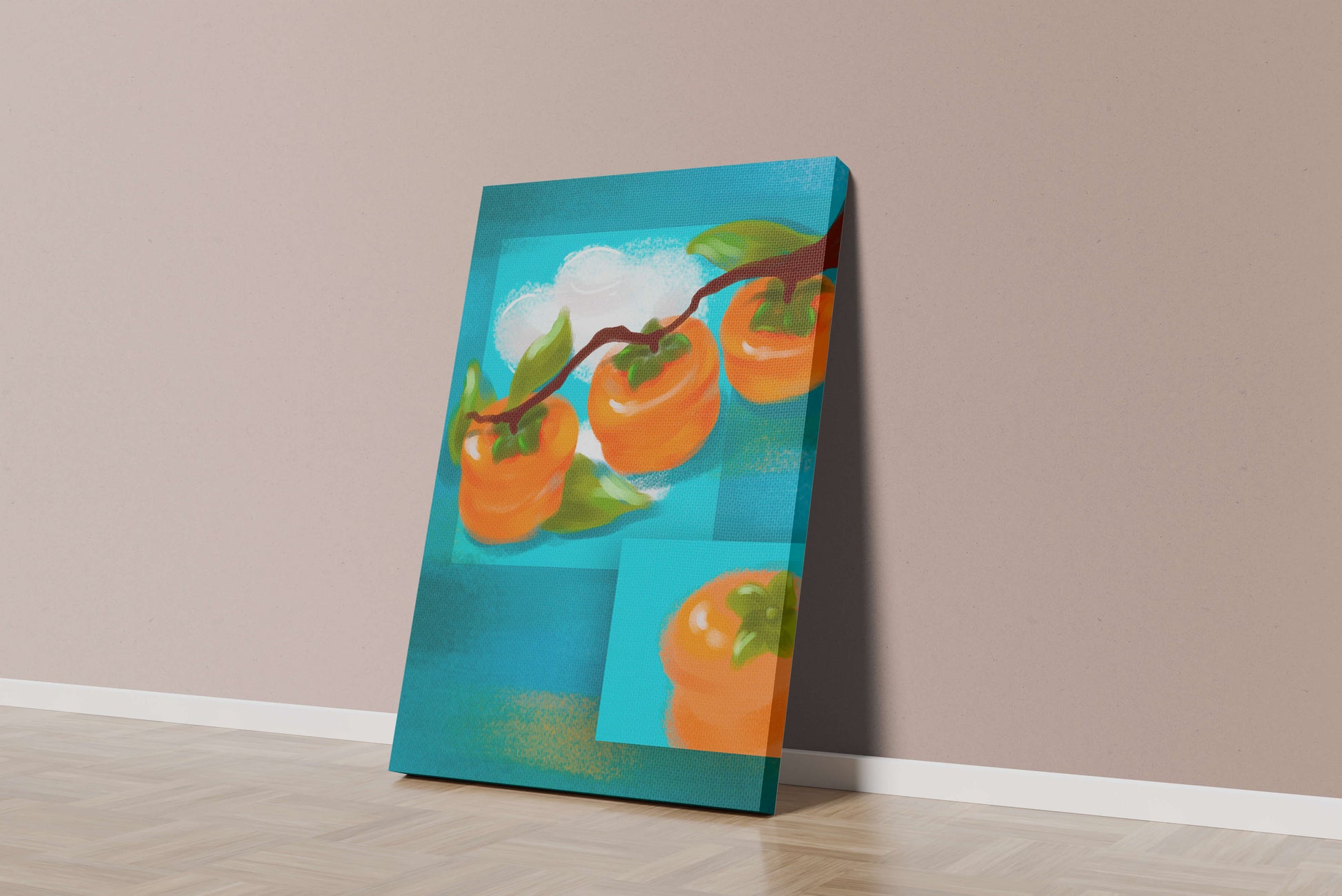 Vibrant persimmons on a branch with a blue background