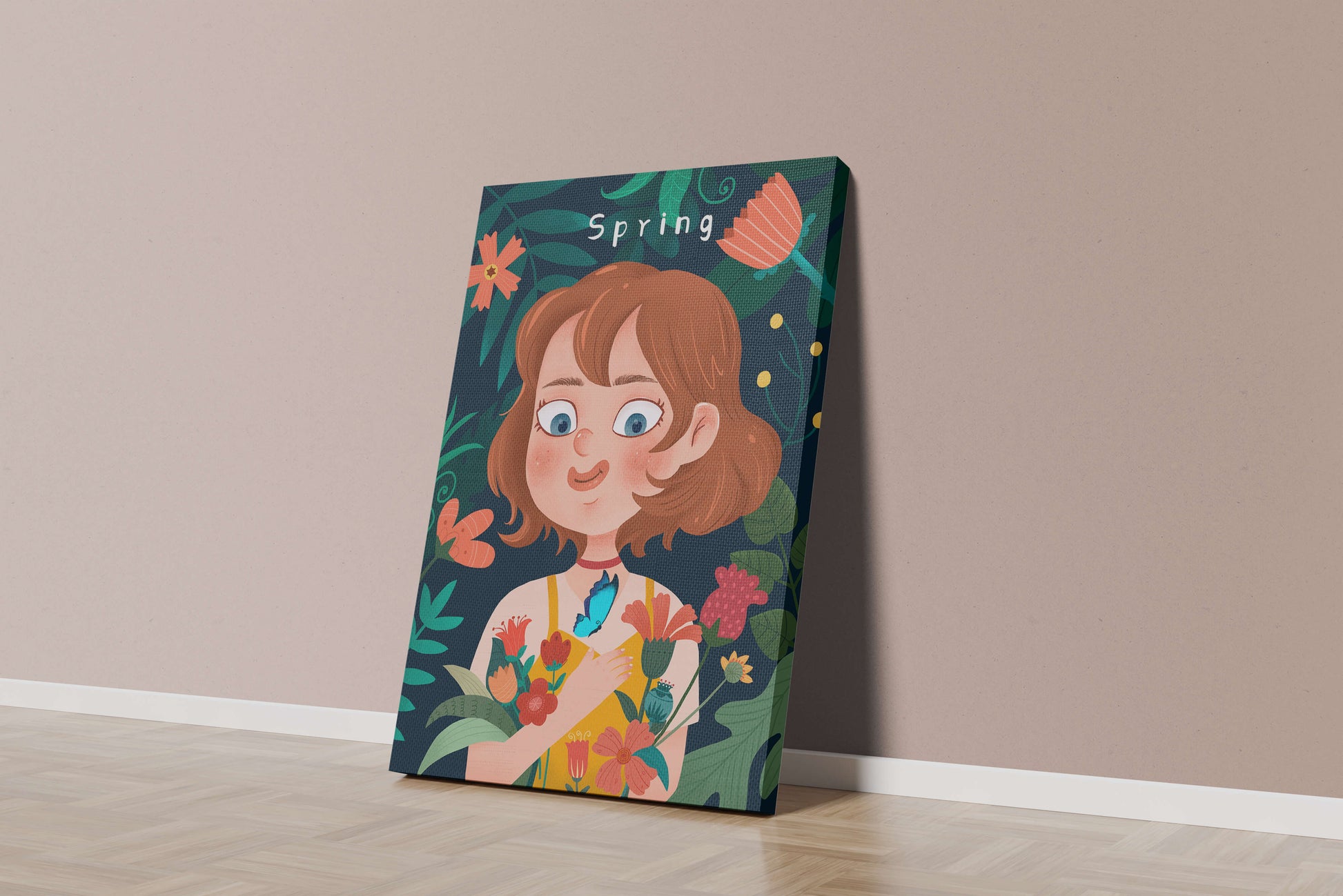 Ilustración primaveral encantadora con flores y mariposa