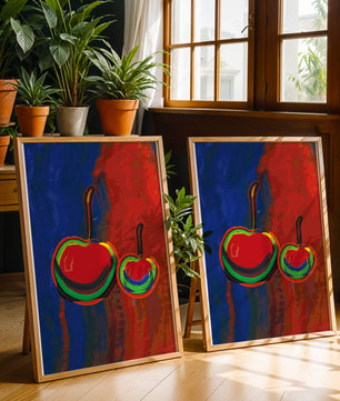 Pintura abstracta de cerezas con colores vibrantes