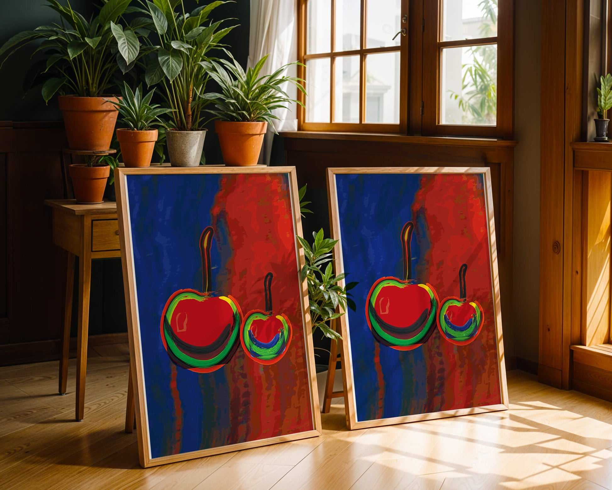 Pintura abstracta de cerezas con colores vibrantes.