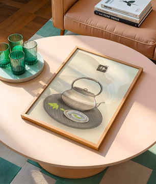 Traditional Japanese teapot with steaming tea and serene setting