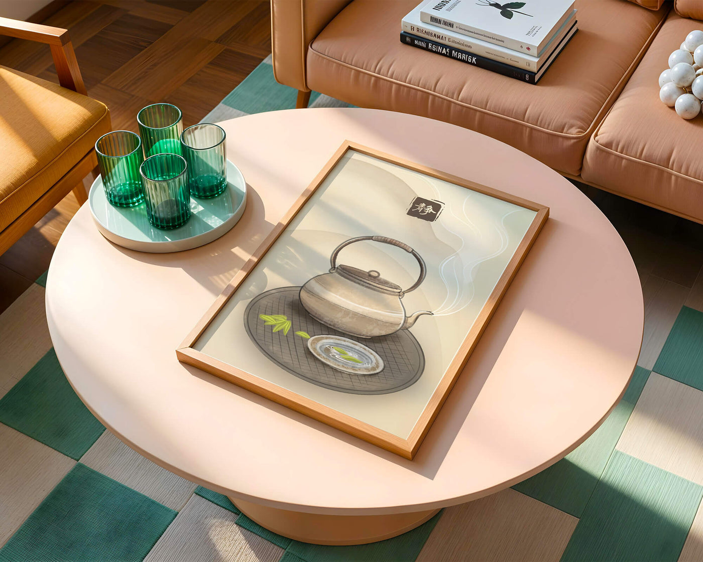 Traditional Japanese teapot with steaming tea and serene setting