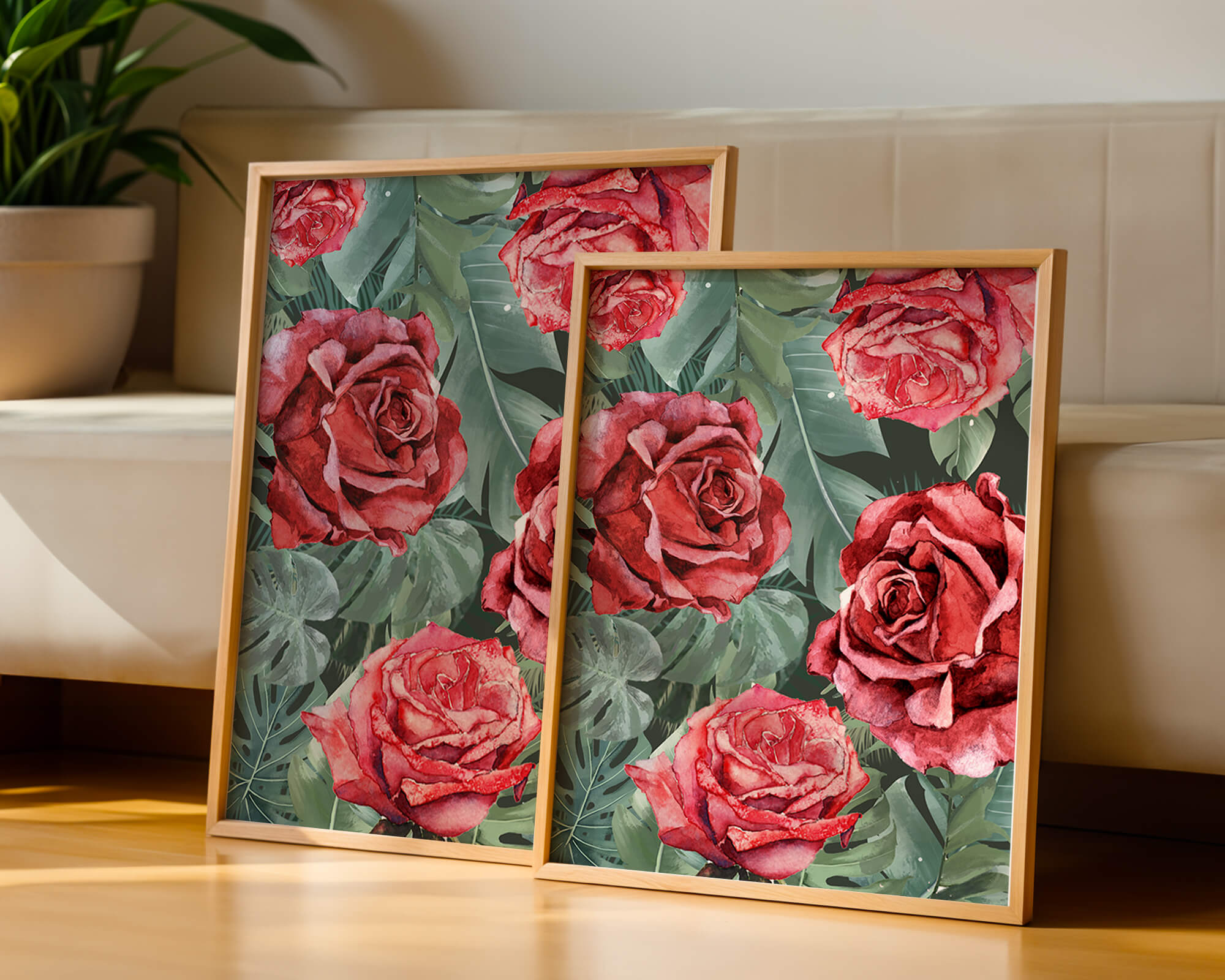 Red roses and green foliage pattern in watercolor style