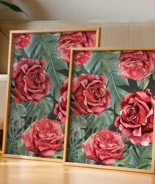 Red roses and green foliage pattern in watercolor style