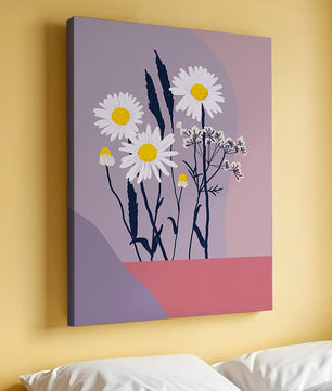 Illustrative floral artwork with daisies and abstract background