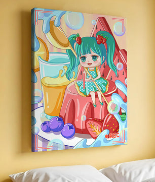 Scène de dessert fantaisiste avec un personnage mignon et des couleurs vives