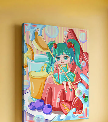 Whimsical dessert scene with cute character and vibrant colors