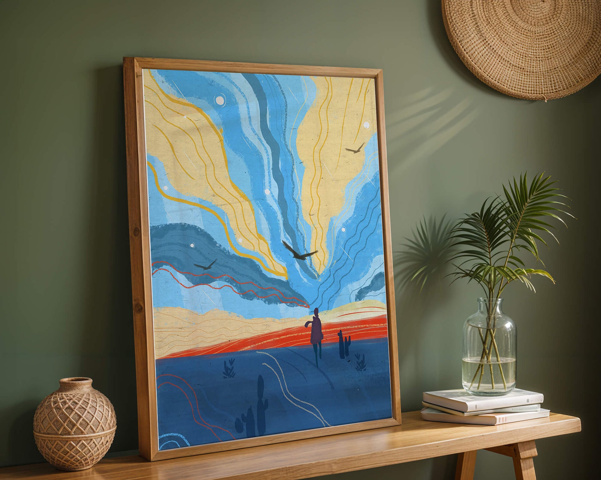 Colorful abstract landscape with figure and birds