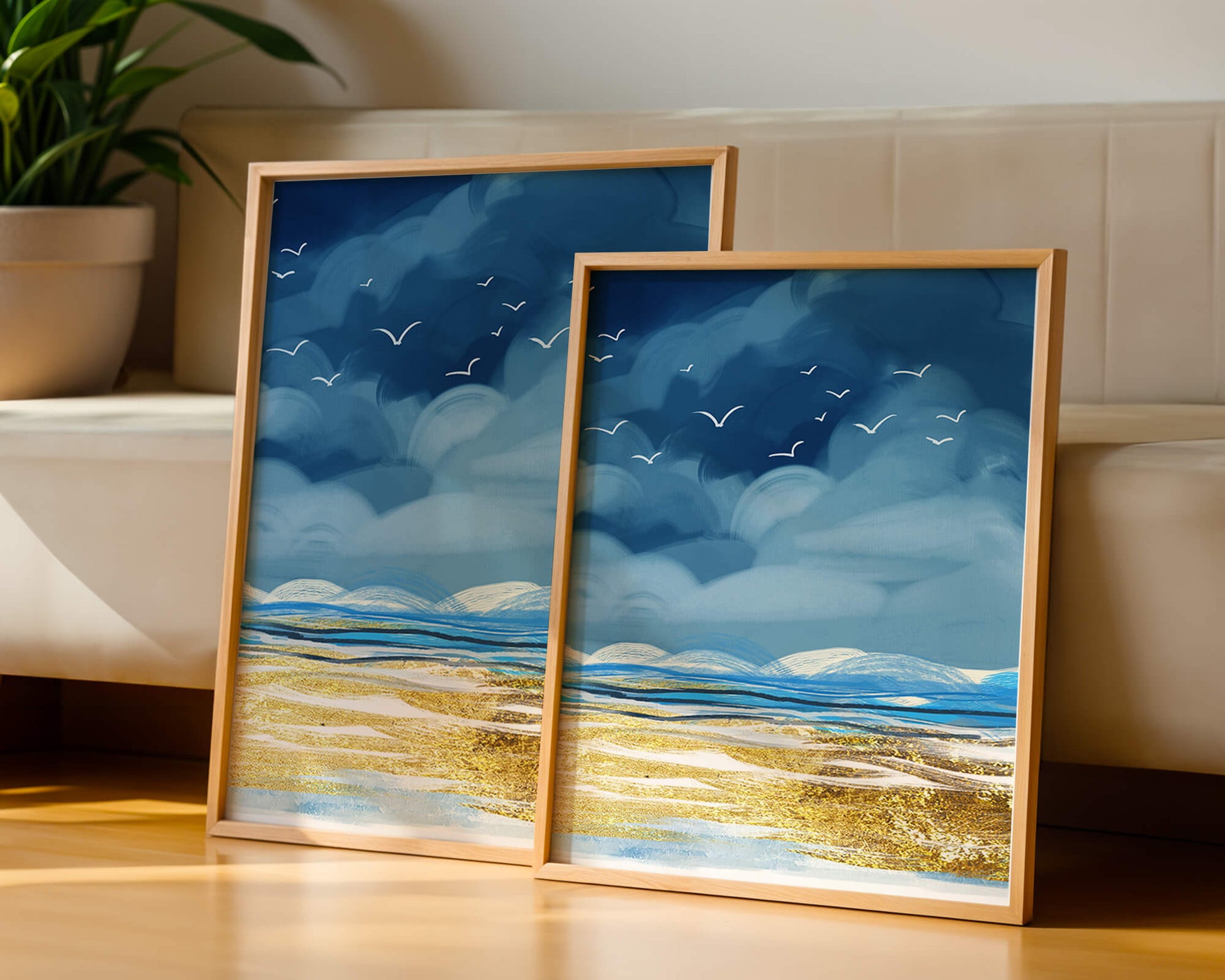 Seascape with Birds in a Vibrant Blue and Gold Palette