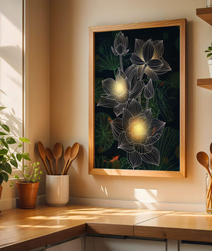 Lotus Flowers with Glowing Accents and Koi Fish Underwater