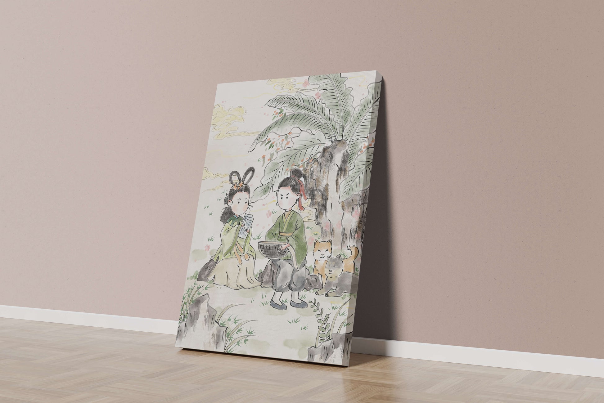 Arte asiático tradicional con dos personas y perros bajo un árbol