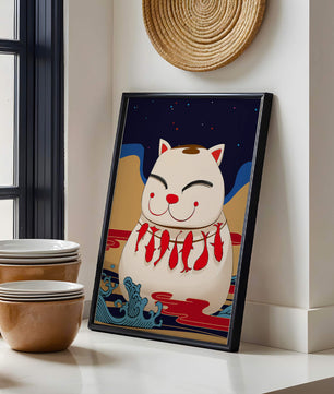 Japanese Lucky Cat with Fish Design in a Surreal Landscape