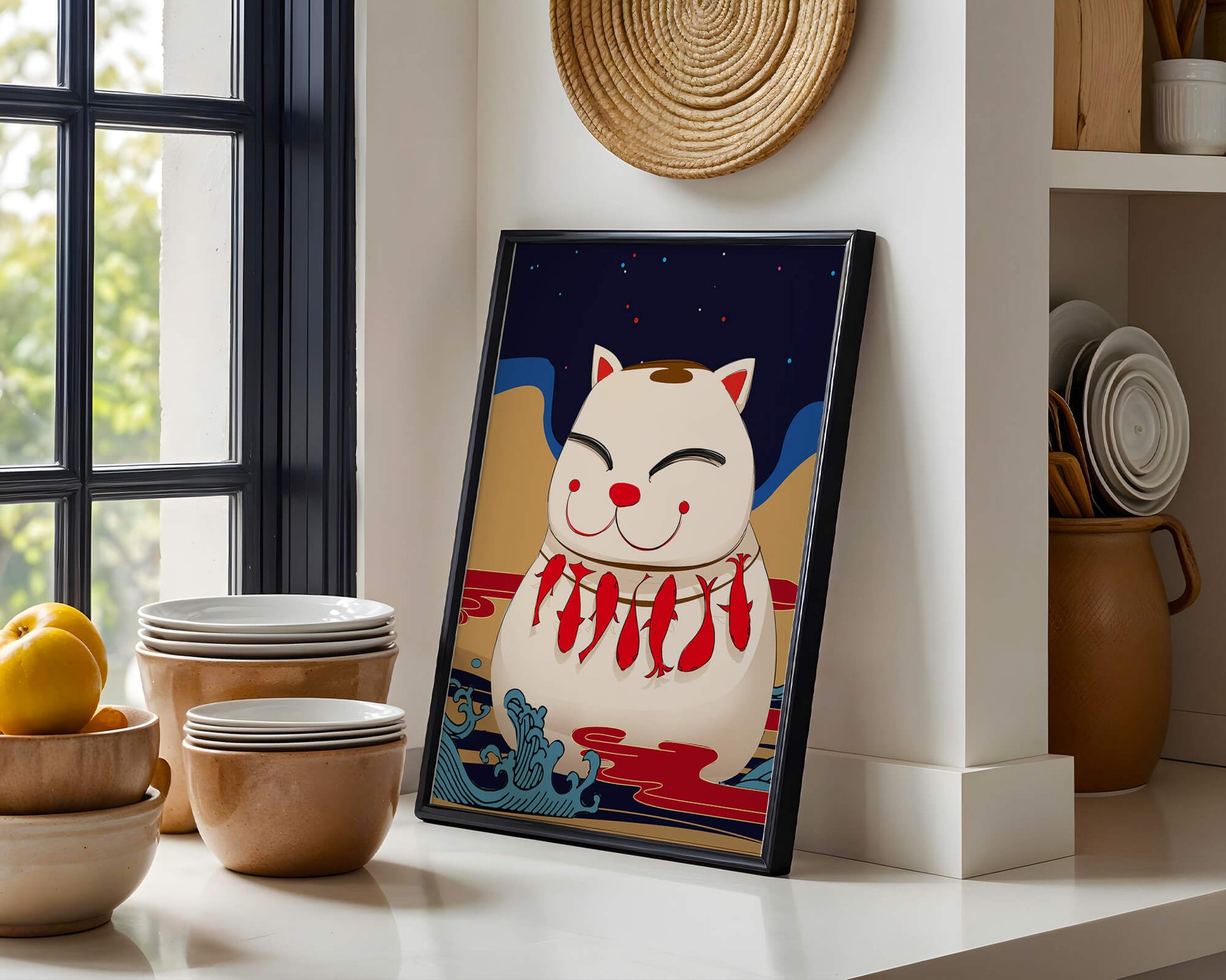 Japanese Lucky Cat with Fish Design in a Surreal Landscape