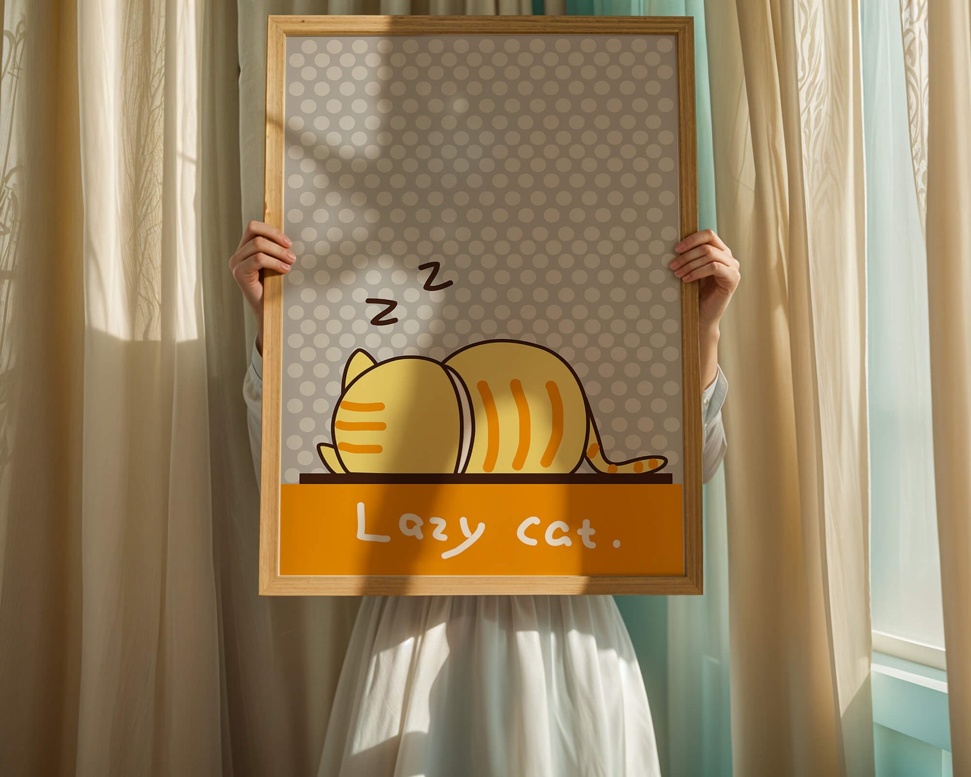 Sleeping cartoon cat with polka dot background