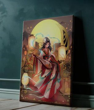 Traditional Asian woman playing musical instrument under moonlight