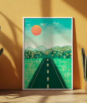 Serene Landscape with Road Leading to Sunset and Lush Greenery