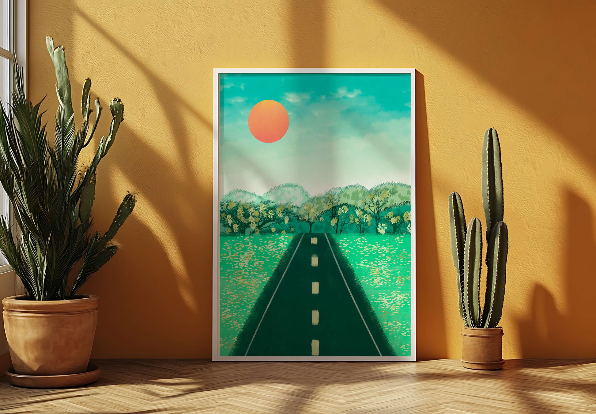 Serene Landscape with Road Leading to Sunset and Lush Greenery